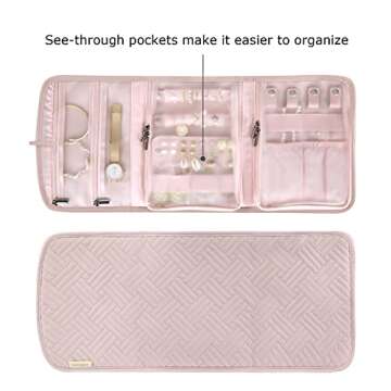 BAGSMART Travel Jewelry Organizer Roll Jewelry Travel Case Jewelry Bag for Necklace, Earrings, Rings,Pink