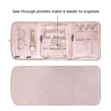 BAGSMART Travel Jewelry Organizer Roll Jewelry Travel Case Jewelry Bag for Necklace, Earrings, Rings,Pink