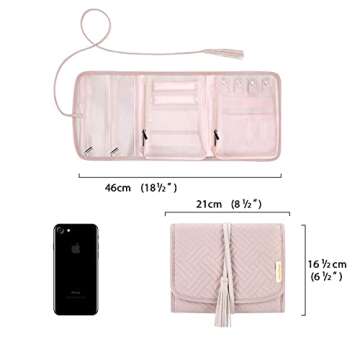 BAGSMART Travel Jewelry Organizer Roll Jewelry Travel Case Jewelry Bag for Necklace, Earrings, Rings,Pink