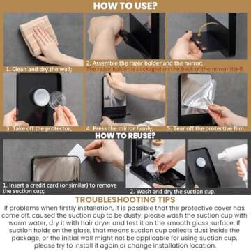 TAILI Shower Mirror Fogless Suction for Shaving with Razor Holder, Removable & NO-Drilling Anti Fog Mirror for Shower, Shatterproof & Waterproof for Bathroom - Men and Women(Black)