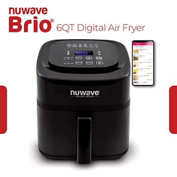 NUWAVE Brio 6-Quart Digital Air Fryer (Gourmet/Grill Kit) Easy Controls, 6 Presets, Temperature Probe; Includes Recipe Book, Basket Divider, Grill Pan, Non-Stick Baking Pan and Stainless-Steel Rack