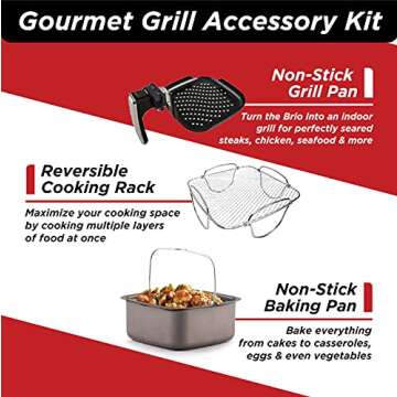 NUWAVE Brio 6-Quart Digital Air Fryer (Gourmet/Grill Kit) Easy Controls, 6 Presets, Temperature Probe; Includes Recipe Book, Basket Divider, Grill Pan, Non-Stick Baking Pan and Stainless-Steel Rack