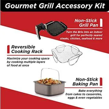NUWAVE Brio 6-Quart Digital Air Fryer (Gourmet/Grill Kit) Easy Controls, 6 Presets, Temperature Probe; Includes Recipe Book, Basket Divider, Grill Pan, Non-Stick Baking Pan and Stainless-Steel Rack