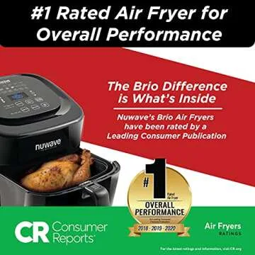 NUWAVE Brio 6-Quart Digital Air Fryer (Gourmet/Grill Kit) Easy Controls, 6 Presets, Temperature Probe; Includes Recipe Book, Basket Divider, Grill Pan, Non-Stick Baking Pan and Stainless-Steel Rack
