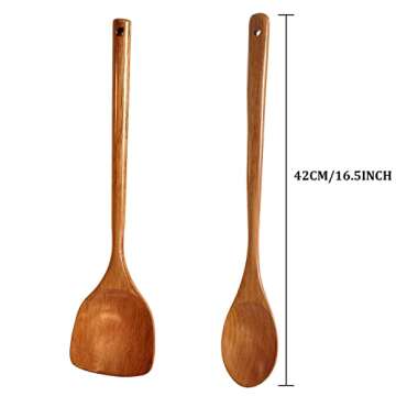 Large Wooden Kitchen Utensils - 16.5inch Extra Long Handle Spoon and Spatula Set for Comfortable Coo...