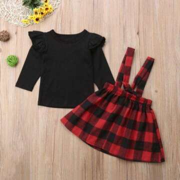 Mubineo Toddler Baby Girl Infant Plain T Shirts Plaid Overall Skirt Set Cotton Outfits (Black+Red, 6-12 Months)