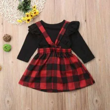 Mubineo Toddler Baby Girl Infant Plain T Shirts Plaid Overall Skirt Set Cotton Outfits (Black+Red, 6-12 Months)