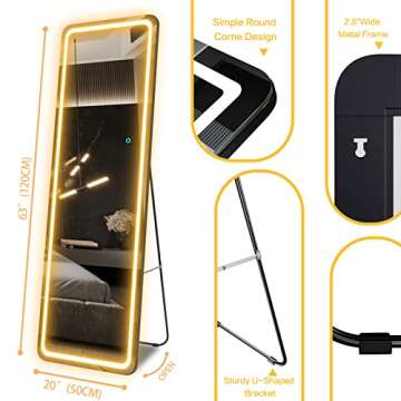 EDTEMI Full Length Mirror Lighted 63"x20", Body Mirror with Lights-LED Stand up Wall Mounted Hanging Mirror, Bedroom Full Size Mirror with Dimming & 3 Color Modes (Black)