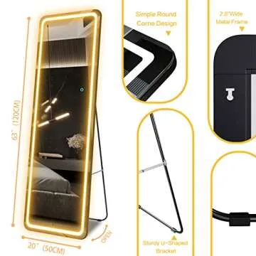 EDTEMI Full Length Mirror Lighted 63"x20", Body Mirror with Lights-LED Stand up Wall Mounted Hanging Mirror, Bedroom Full Size Mirror with Dimming & 3 Color Modes (Black)