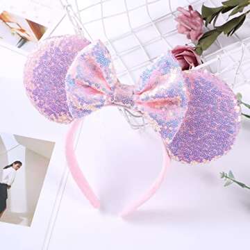 XINXIYAN Mouse Ears Headbands for Women Glitter Sequin Mouse Ears Bow Headband Birthday Party Princess Decoration (Pink, one size)