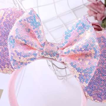 XINXIYAN Mouse Ears Headbands for Women Glitter Sequin Mouse Ears Bow Headband Birthday Party Princess Decoration (Pink, one size)