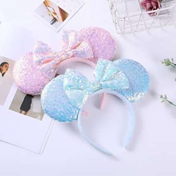 XINXIYAN Mouse Ears Headbands for Women Glitter Sequin Mouse Ears Bow Headband Birthday Party Princess Decoration (Pink, one size)