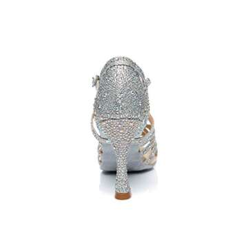 Minishion Women's Rhinestone Dance Shoes Ankle Strap Latin Salsa Dancing Heels L357 Silver US 9