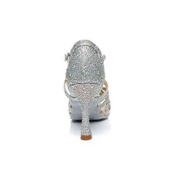 Minishion Women's Rhinestone Dance Shoes Ankle Strap Latin Salsa Dancing Heels L357 Silver US 9