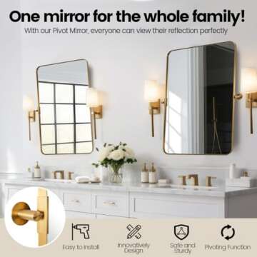 MOON MIRROR 24" x 36" Brushed Gold Metal Framed Pivot Rectangle Bathroom Mirror for Wall, Tilting Ro...