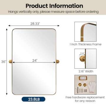 Elegant Brushed Gold Metal Pivot Bathroom Mirror 24x36