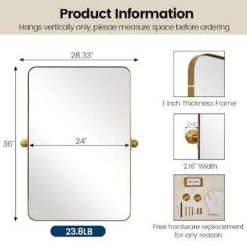 Elegant Brushed Gold Metal Pivot Bathroom Mirror 24x36