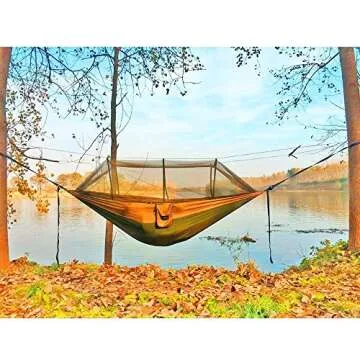 Sunyear Camping Hammock, Portable Double Hammock with Net, 2 Person Hammock Tent with 2 * 10ft Straps, Best for Outdoor Hiking Survival Travel A Green/Khahi