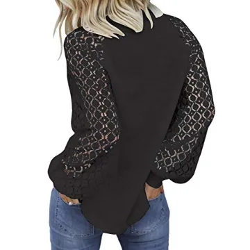MIHOLL Women's Long Sleeve Tops Lace Casual Loose Blouses T Shirts (Black, Large)