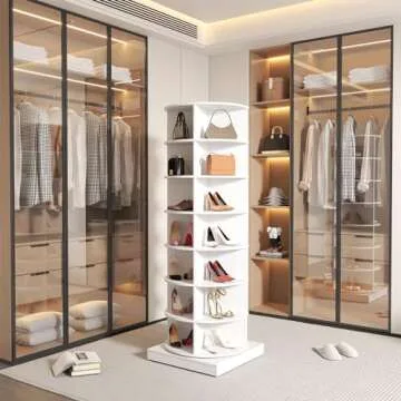 Mcltopz 7-Tier Rotating Shoe Rack Tower, 360 Spinning Shoe Rack, Modern Free Standing Spinning Shoe Organizer, Rotating Lazy Susan Shoe Rack for Entryway Doorway, Holds Up to 28 Pairs of Shoes(White)