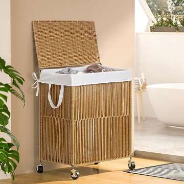 WOWLIVE Laundry Hamper with Wheels, Handwoven Rolling Laundry Basket with Lid, Clothes Hamper with Divided Removable Liner Bag, 115L Large Capacity Laundry Sorter Laundry Room Organization, Natural