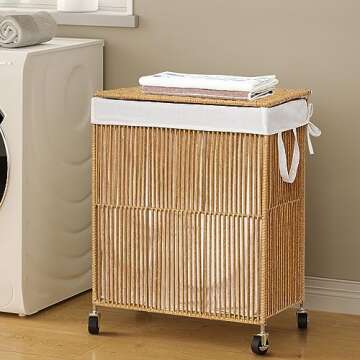 WOWLIVE Laundry Hamper with Wheels, Handwoven Rolling Laundry Basket with Lid, Clothes Hamper with Divided Removable Liner Bag, 115L Large Capacity Laundry Sorter Laundry Room Organization, Natural