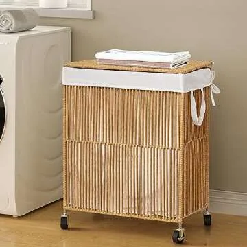 WOWLIVE Laundry Hamper with Wheels, Handwoven Rolling Laundry Basket with Lid, Clothes Hamper with Divided Removable Liner Bag, 115L Large Capacity Laundry Sorter Laundry Room Organization, Natural