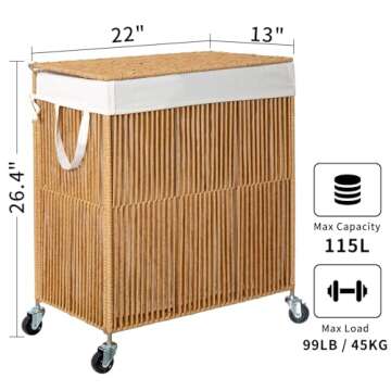 WOWLIVE Laundry Hamper with Wheels, Handwoven Rolling Laundry Basket with Lid, Clothes Hamper with Divided Removable Liner Bag, 115L Large Capacity Laundry Sorter Laundry Room Organization, Natural