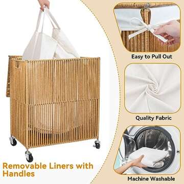 WOWLIVE Laundry Hamper with Wheels, Handwoven Rolling Laundry Basket with Lid, Clothes Hamper with Divided Removable Liner Bag, 115L Large Capacity Laundry Sorter Laundry Room Organization, Natural
