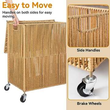 WOWLIVE Laundry Hamper with Wheels, Handwoven Rolling Laundry Basket with Lid, Clothes Hamper with Divided Removable Liner Bag, 115L Large Capacity Laundry Sorter Laundry Room Organization, Natural