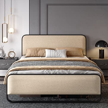 SHA CERLIN Queen Size Platform Metal Bed Frame with Curved Upholstered Headboard and Footboard, Larg...