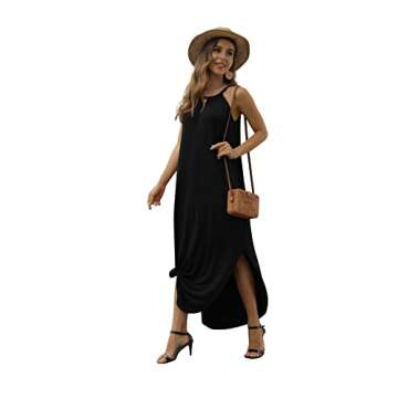 GRECERELLE Women's Summer Casual Long Dress Halter Sleeveless Side Split Maxi Dress Black-Small