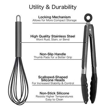 Country Kitchen Stainless Steel Silicone Tipped Kitchen Food BBQ and Cooking Tongs for Non Stick Cookware, BPA Fee, Stylish, Sturdy, Locking, Grill Tongs, Gunmetal, Tong and Whisk Set, Black
