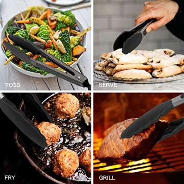 Country Kitchen Stainless Steel Silicone Tipped Kitchen Food BBQ and Cooking Tongs for Non Stick Cookware, BPA Fee, Stylish, Sturdy, Locking, Grill Tongs, Gunmetal, Tong and Whisk Set, Black