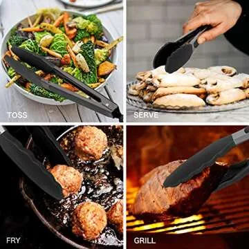 Country Kitchen Stainless Steel Silicone Tipped Kitchen Food BBQ and Cooking Tongs for Non Stick Cookware, BPA Fee, Stylish, Sturdy, Locking, Grill Tongs, Gunmetal, Tong and Whisk Set, Black