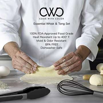 Country Kitchen Stainless Steel Silicone Tipped Kitchen Food BBQ and Cooking Tongs for Non Stick Cookware, BPA Fee, Stylish, Sturdy, Locking, Grill Tongs, Gunmetal, Tong and Whisk Set, Black