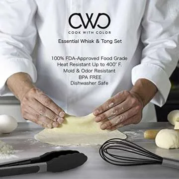 Country Kitchen Stainless Steel Silicone Tipped Kitchen Food BBQ and Cooking Tongs for Non Stick Cookware, BPA Fee, Stylish, Sturdy, Locking, Grill Tongs, Gunmetal, Tong and Whisk Set, Black