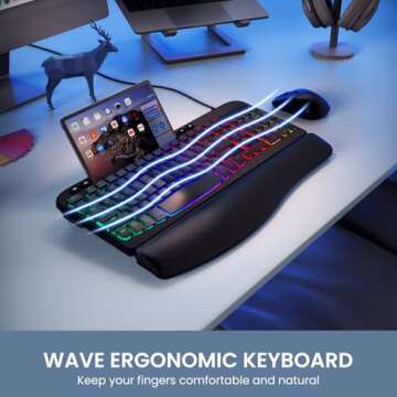 VEILZOR Ergonomic Backlit Keyboard with Wrist Rest, 7 Colors USB Wired Computer Keyboard, Wave Keys,...