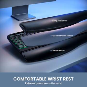 VEILZOR Ergonomic Backlit Keyboard with Wrist Rest, 7 Colors USB Wired Computer Keyboard, Wave Keys, with Phone/Tablet Holder, Comfortable Lighted Keyboard for PC, Windows and Mac