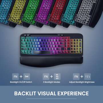 VEILZOR Ergonomic Backlit Keyboard with Wrist Rest, 7 Colors USB Wired Computer Keyboard, Wave Keys, with Phone/Tablet Holder, Comfortable Lighted Keyboard for PC, Windows and Mac