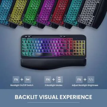 VEILZOR Ergonomic Backlit Keyboard with Wrist Rest, 7 Colors USB Wired Computer Keyboard, Wave Keys, with Phone/Tablet Holder, Comfortable Lighted Keyboard for PC, Windows and Mac