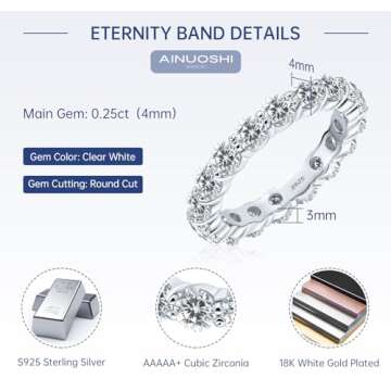 AINUOSHI 925 Sterling Silver Eternity Ring 4mm Round/Cushion Cut Cubic Zirconia Jewellery CZ Fashion Eternity Engagement Wedding Ring (Round-Shape,Size 4 to 10)