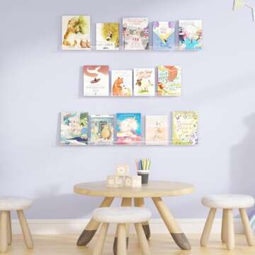 upsimples 6 Pack Clear Acrylic Shelves, 12" Nursery Bookshelves for Wall, Floating Bookshelf for Kids Baby, Vinyl Display, Record Holder, Magazine Rack, Picture Ledge Shelf