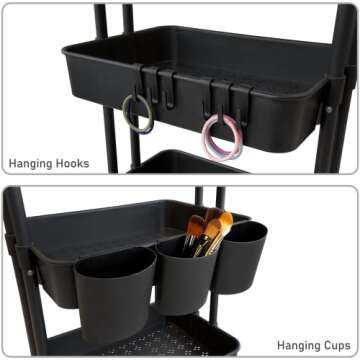 CAXXA 3-Tier Rolling Storage Organizer with 3 Small Baskets - Mobile Utility Cart with Caster Wheels (Black)