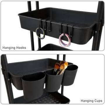 CAXXA 3-Tier Rolling Storage Organizer with 3 Small Baskets - Mobile Utility Cart with Caster Wheels (Black)