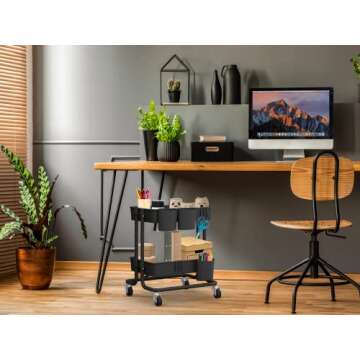 CAXXA 3-Tier Rolling Storage Organizer with 3 Small Baskets - Mobile Utility Cart with Caster Wheels (Black)