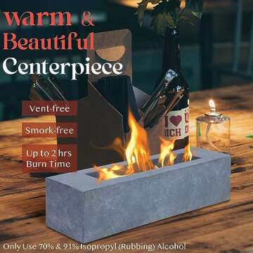 Large Rectangle Tabletop Fire Pit - Portable Bioethanol Fuel Concrete Smokeless Fire Bowl Table Top ...