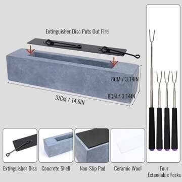 Large Rectangle Tabletop Fire Pit - Portable Bioethanol Fuel Concrete Smokeless Fire Bowl Table Top Firepit - Tabletop Fireplace - Rubbing Alcohol Smores Maker Personal Fireplace for Indoor Outdoor