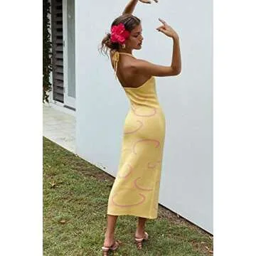 KOSUSANILL Y2k Dress Knitted Knit Backless Sexy Summer Going Out Club Party Trendy Bodycon Halter Dresses Yellow
