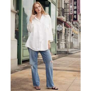 Yimoon Womens Denim Shirt Chambray Blue Button Down Jean Shirt Denim Tops Soft Tencel Casual 3/4 Sleeve Jacket(White-XXL)